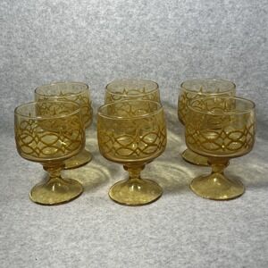 VTG Amber Glass Goblet Set 6 Textured Scroll Lattice Pattern Mid Century Barware
